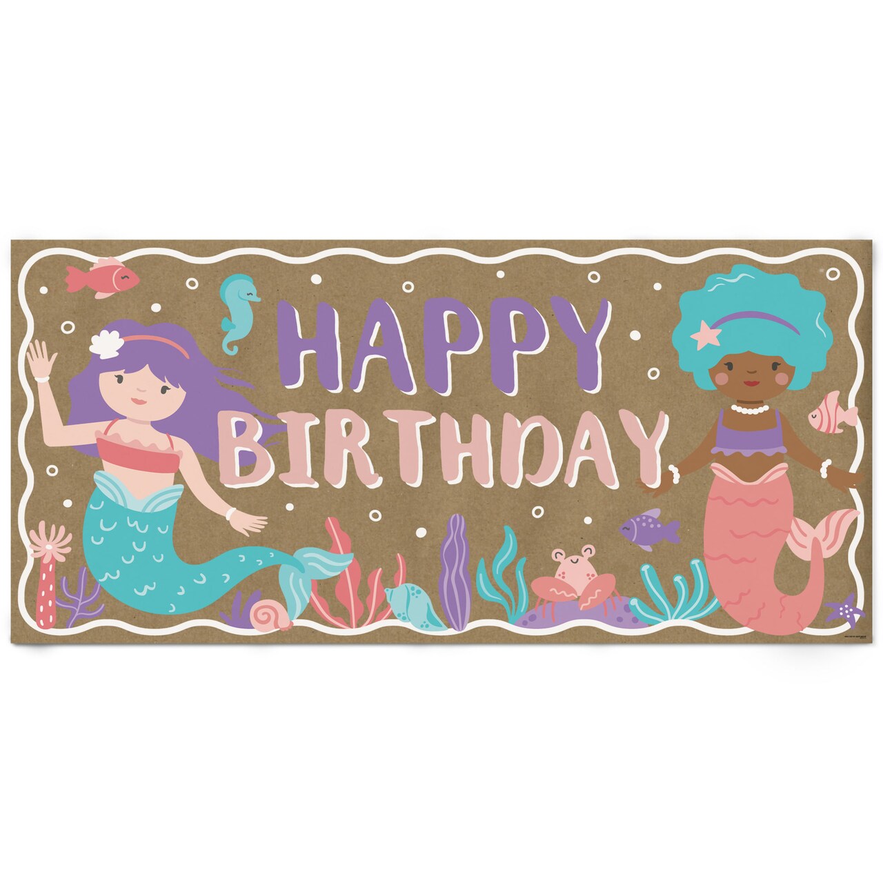 Big Dot of Happiness Mermaid Birthday Kraft Paper Banner, Under the Sea Happy Birthday Party Banner, Printed Brown Paper Party Sign Decoration – 1 Ct